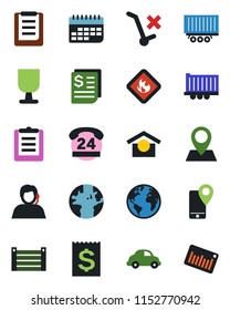 Color and black flat icon set - earth vector, pin, 24 hours, support, mobile tracking, truck trailer, car delivery, term, receipt, container, clipboard, fragile, warehouse storage, no trolley