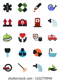 Color and black flat icon set - medical room vector, rake, watering can, doctor case, blood pressure, dropper, patch, tomography, ambulance star, car, heart hand, implant, broken bone, diet, client