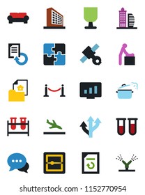 Color and black flat icon set - fence vector, arrival, baby room, office building, statistic monitor, document reload, blood test vial, route, satellite, fragile, dialog, scanner, application