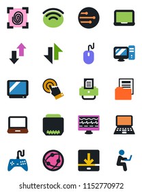 Color and black flat icon set - mouse vector, notebook pc, printer, monitor pulse, gamepad, tv, network, touch screen, laptop, hdmi, data exchange, download, wireless, document folder, fingerprint