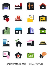 Color and black flat icon set - elevator vector, shop, airport building, office, factory, house, hospital, garage, warehouse, estate document, sold signboard, sweet home, eco, control app, message