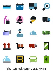 Color and black flat icon set - airport bus vector, reception bell, baby room, doctor, client, cargo container, car delivery, consolidated, up side sign, search, mobile, scanner, moving, dish