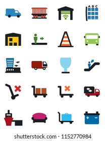 Color and black flat icon set - baggage trolley vector, airport bus, escalator, waiting area, border cone, seat map, building, railroad, car delivery, sea port, fragile, cargo, no, warehouse, moving