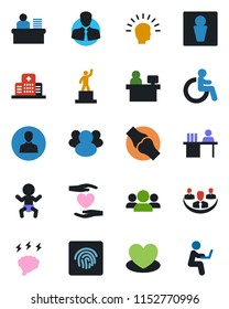 Color and black flat icon set - male vector, baby, disabled, pedestal, brainstorm, manager place, heart, hand, joint, hospital, client, group, user, fingerprint id, company, desk, shining head