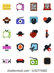 Color and black flat icon set - cafe vector, tv, abacus, mouse, stamp, fence, satellite, radio, heart, cut, tie, cushioned furniture, restaurant table, dress code, chip