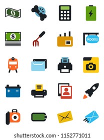 Color and black flat icon set - train vector, garden fork, broken bone, camera, photo gallery, battery, calculator, printer, mail, rooms, rocket, cash