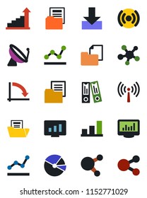 Color and black flat icon set - antenna vector, satellite, growth statistic, office binder, crisis graph, monitor, folder document, share, download, statistics, bar, pie, point, wireless