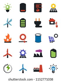 Color and black flat icon set - factory vector, fire, oil barrel, battery, low, brightness, charge, sun panel, windmill, home control, power plug, water heater, bulb, idea