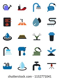 Color and black flat icon set - shower vector, watering can, water drop, hose, drip irrigation, sea shipping, pool, supply, bathroom, heater, filter, warm floor, sprinkler
