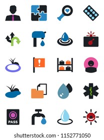 Color and black flat icon set - bomb in case vector, passport, luggage storage, water drop, pond, heart diagnostic, pills blister, ambulance star, patient, route, important flag, folder document