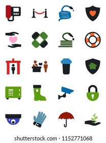 Color and black flat icon set - fence vector, passport control, security gate, safe, glove, boot, hose, patch, heart shield, hand, umbrella, lock, intercome, water filter, home protect, surveillance