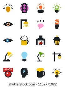 Color and black flat icon set - brainstorm vector, bulb, garden light, eye, traffic, desk lamp, fireplace, beer, energy saving, outdoor, alarm led, shining head, idea