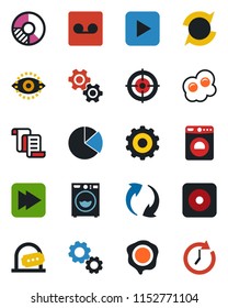 Color and black flat icon set - ticket office vector, washer, gear, contract, circle chart, stamp, play button, fast forward, rec, update, record, eye id, pie graph, target, omelette, clock