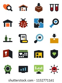 Color and black flat icon set - statistic monitor vector, contract, lady bug, blood test vial, heart diagnostic, shield, medical calendar, warehouse, package, search cargo, application, sertificate