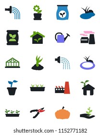 Color and black flat icon set - factory vector, seedling, watering can, sproute, pruner, pumpkin, greenhouse, pond, fertilizer, flower in pot, eco house, palm