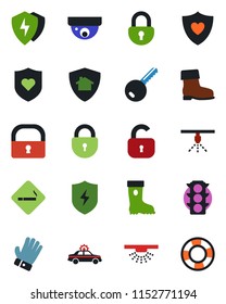 Color and black flat icon set - smoking place vector, alarm car, lock, glove, boot, heart shield, traffic light, protect, key, home, surveillance, sprinkler, crisis management