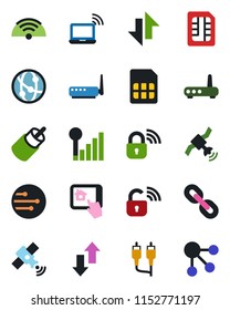 Color and black flat icon set - wireless notebook vector, satellite, network, chain, rca, sim, data exchange, cellular signal, lock, router, home control app, social media