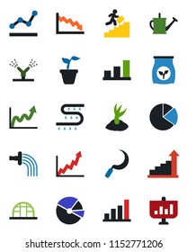 Color and black flat icon set - growth statistic vector, seedling, watering can, sproute, sickle, greenhouse, fertilizer, drip irrigation, bar graph, pie, point, career ladder, crisis, presentation