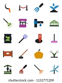 Color and black flat icon set - fence vector, garden fork, farm, rake, well, hoe, sickle, plant label, pumpkin, greenhouse, fertilizer, drip irrigation, windmill