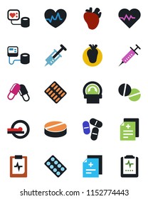 Color and black flat icon set - heart pulse vector, diagnosis, syringe, blood pressure, pills, blister, tomography, real, clipboard