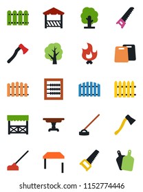 Color and black flat icon set - fence vector, tree, saw, fire, hoe, axe, abacus, table, alcove, cutting board