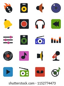 Color and black flat icon set - vinyl vector, flame disk, microphone, radio, speaker, equalizer, headphones, play button, rewind, tuning, bell, record, music