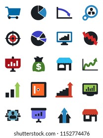 Color and black flat icon set - shop vector, checkroom, growth statistic, money bag, crisis graph, monitor statistics, pie, hr, target, consumer search, arrow up, cart, presentation, storefront