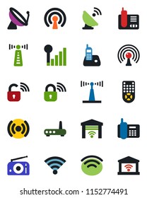 Color and black flat icon set - antenna vector, satellite, office phone, radio, remote control, wireless, cellular signal, lock, router, garage gate