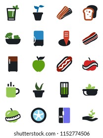 Color and black flat icon set - hot cup vector, seedling, plant label, diet, fridge, drink, phyto bar, salad, bacon, bread, dog, apple fruit, fan, palm sproute