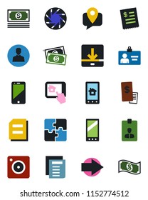 Color and black flat icon set - right arrow vector, identity card, document, cash, mobile tracking, cell phone, camera, user, download, application, restaurant receipt, home control app