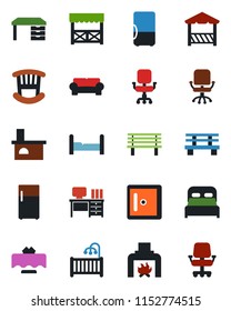 Color and black flat icon set - checkroom vector, office chair, desk, bench, fireplace, bedroom, children room, cushioned furniture, restaurant table, alcove, fridge