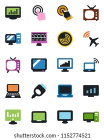 Color and black flat icon set - plane radar vector, wireless notebook, pc, statistic monitor, pulse, tv, touch screen, laptop, hdmi, statistics