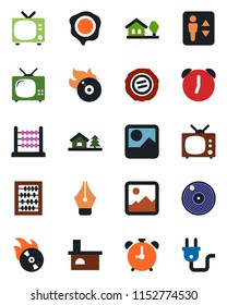 Color and black flat icon set - elevator vector, alarm clock, tv, abacus, stamp, fireplace, vinyl, flame disk, gallery, ink pen, house with tree, power plug