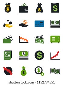 Color and black flat icon set - credit card vector, safe, dollar sign, money bag, crisis graph, cash, receipt, wallet, growth, search, investment