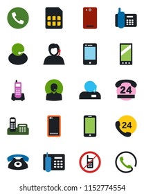 Color and black flat icon set - phone vector, no mobile, office, 24 hours, support, cell, back, sim