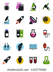 Color and black flat icon set - satellite antenna vector, book, blood test vial, dropper, microscope, ampoule, real heart, joint, virus, sd, rocket, flask