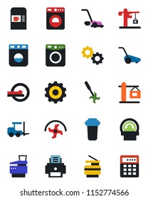 Color and black flat icon set - coffee machine vector, washer, fork loader, gear, ripper, lawn mower, tomography, printer, copier, crane, water filter, combination lock