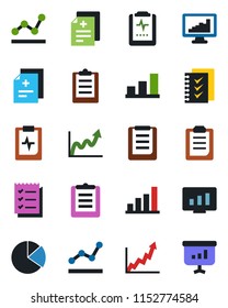 Color and black flat icon set - statistic monitor vector, diagnosis, pulse clipboard, statistics, bar graph, pie, checklist, point, growth, presentation