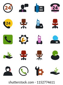 Color and black flat icon set - 24 around vector, office chair, phone, hours, support, speaker, radio, call, root setup, palm sproute