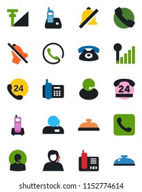Color and black flat icon set - office phone vector, 24 hours, support, radio, call, mute, cellular signal, reception