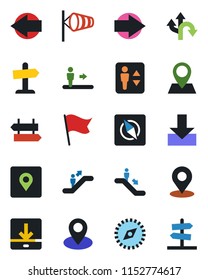 Color and black flat icon set - elevator vector, escalator, signpost, right arrow, left, wind, route, pin, download, place tag, compass, flag, guidepost