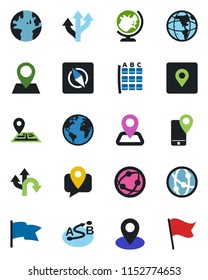 Color and black flat icon set - globe vector, seat map, route, navigation, earth, pin, mobile tracking, network, place tag, compass, flag