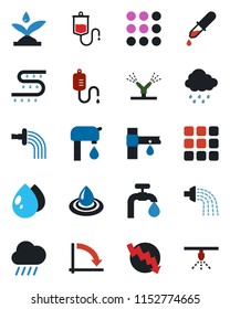 Color and black flat icon set - crisis graph vector, watering, water drop, rain, drip irrigation, dropper, menu, supply, sprinkler