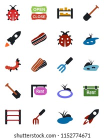 Color and black flat icon set - job vector, garden fork, shovel, lady bug, caterpillar, pond, rack, rent, bacon, open close, rocket
