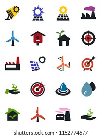 Color and black flat icon set - factory vector, bird house, target, sun panel, windmill, eco, water, palm sproute
