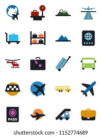 Color and black flat icon set - plane vector, runway, taxi, suitcase, baggage trolley, airport bus, passport, ladder car, helicopter, luggage storage, scales, globe, mountains, case