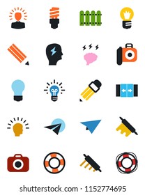Color and black flat icon set - automatic door vector, brainstorm, bulb, camera, pencil, fence, rolling pin, energy saving, shining head, idea, paper plane, crisis management