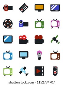 Color and black flat icon set - tv vector, reel, satellite, video camera, remote control, monitor