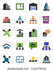 Color and black flat icon set - hierarchy vector, well, molecule, hospital, office building, garage, plan, home message