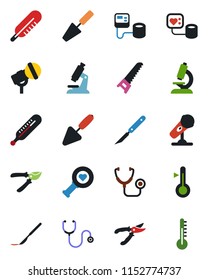 Color and black flat icon set - trowel vector, pruner, saw, stethoscope, blood pressure, thermometer, heart diagnostic, microscope, scalpel, microphone